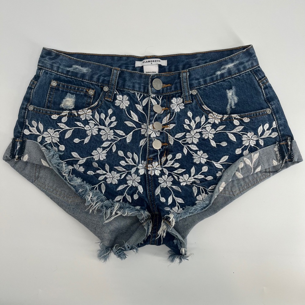 Glamorous‎ Women's Blue Denim Shorts Floral Embroidery Distressed Cuffed Size M